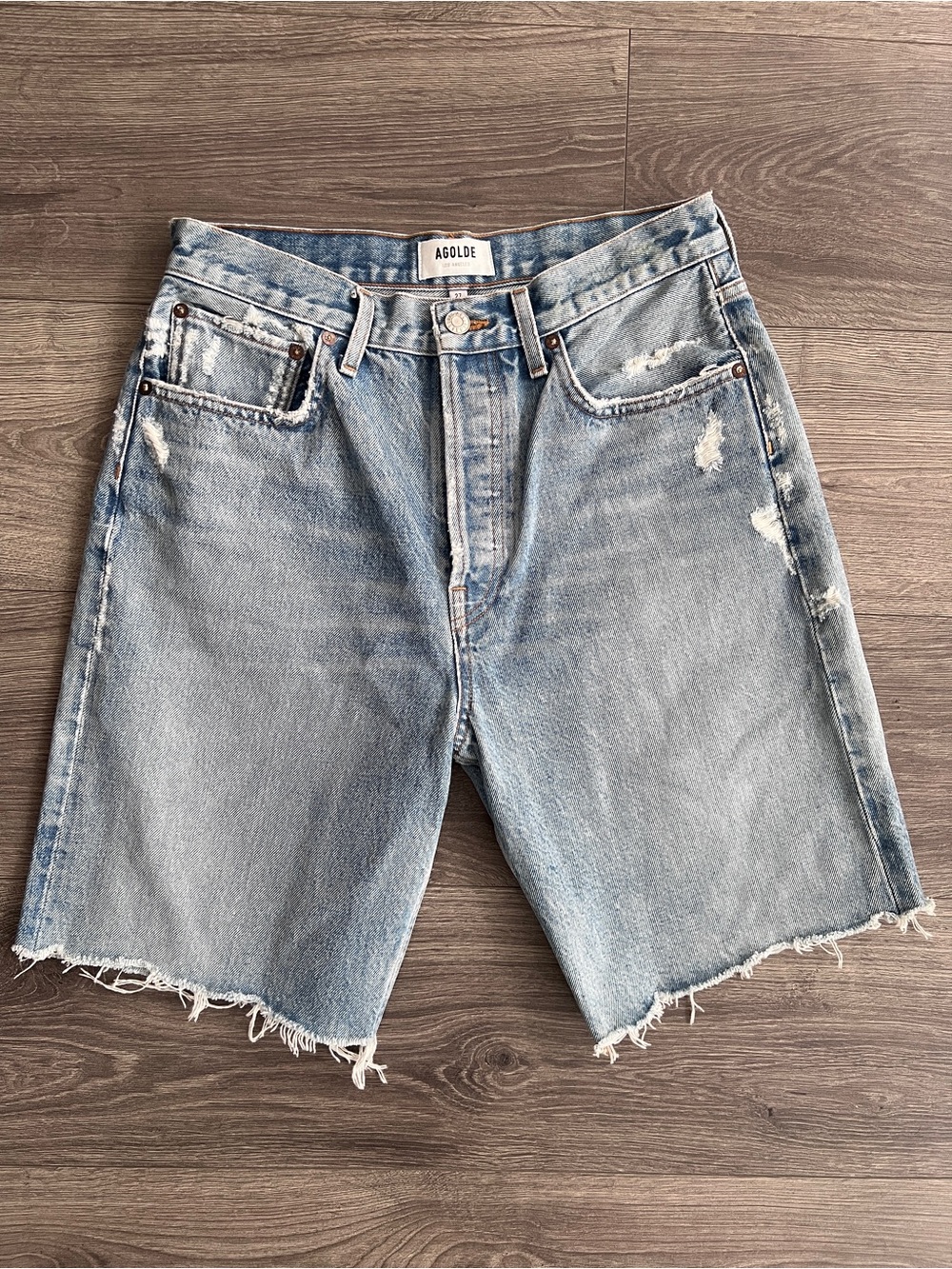 AGOLDE 90s Shorts Size 27 Swapmeet Light Blue Distressed Relaxed Wide Leg Retro